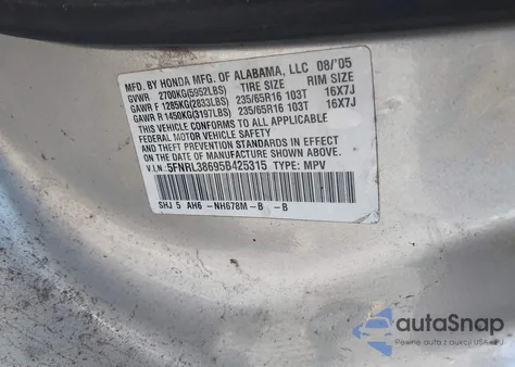 2005 Honda Odyssey Ex-L из США, поврежденный, VIN 5FNRL38695B425315